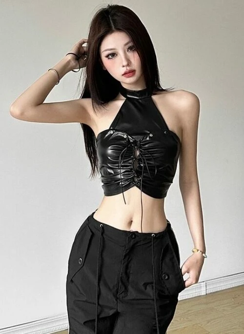 Black Halter Lace-Up Faux Leather Crop Top | Jennie – BlackPink