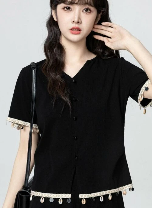 Black V Neck Fringed Short Sleeve Crop Top