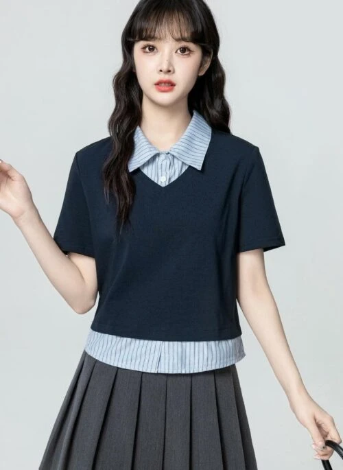 Blue Colorblock Polo Short Sleeve Cropped Top