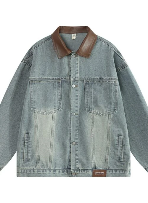 Blue Denim Jacket With Brown Faux Leather Collar | Jake – Enhypen