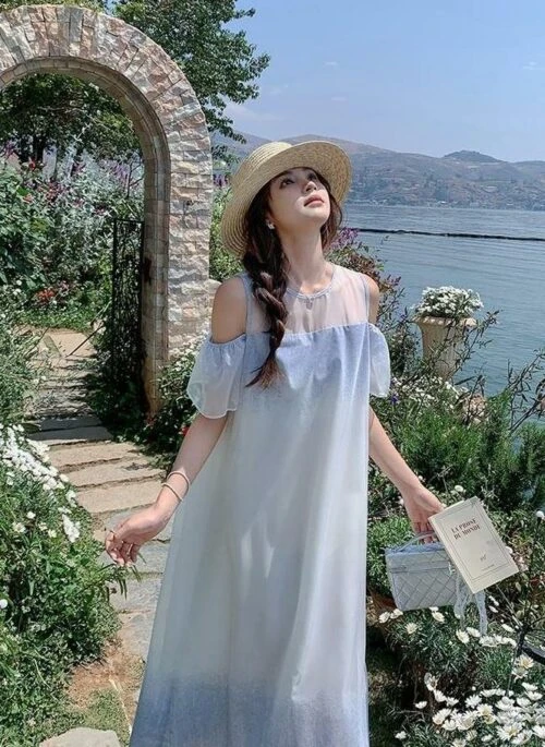 Blue Gradient Casual Fashion Loose Dress