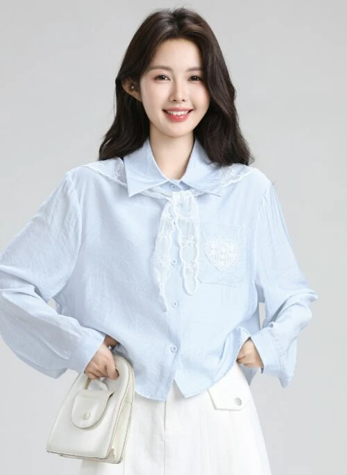 Blue Lace Long Sleeve Loose Polo Shirt