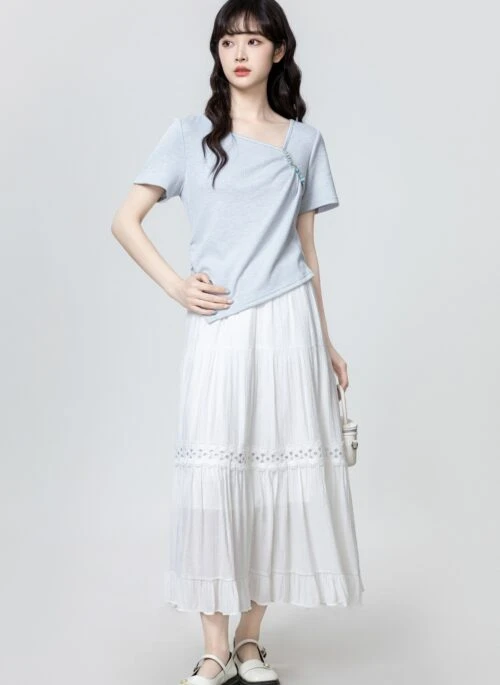 Blue Ruched Waist Short Sleeve T-Shirt