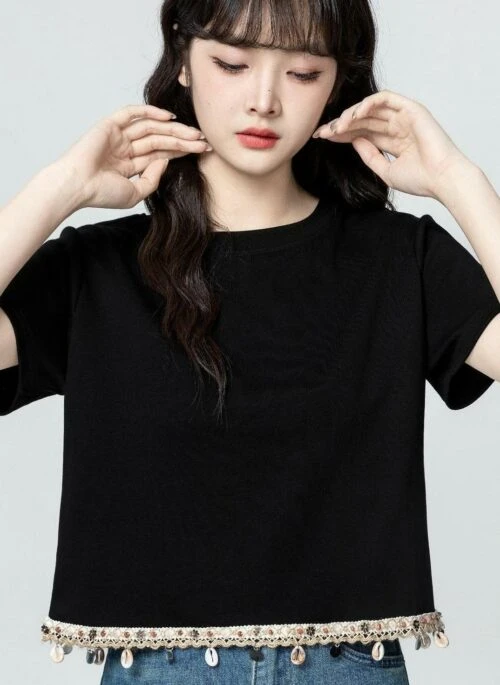 Bohemian Fringe Hem Black Short Sleeve Top