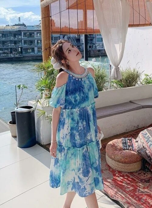 Bohemian Off Shoulder Tie Dye Beach Dress