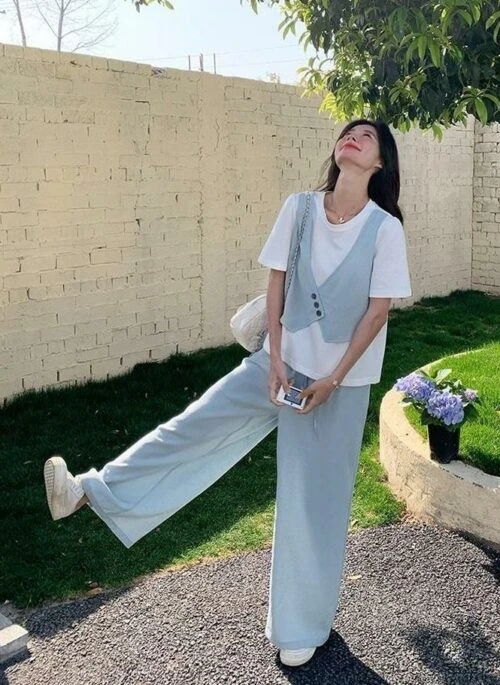 Casual Light Blue Wide Leg Pants Fashion Set