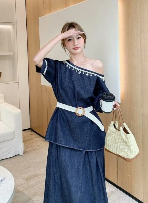 Chic Denim Outfit Top And Skirt Set