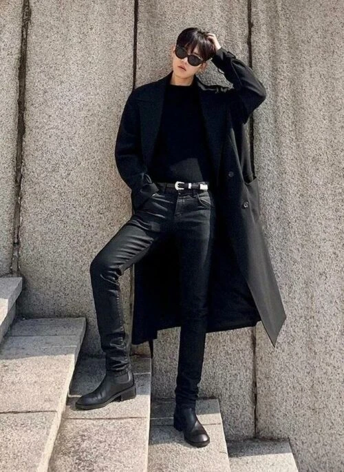 Coated Black Denim Slim Trousers