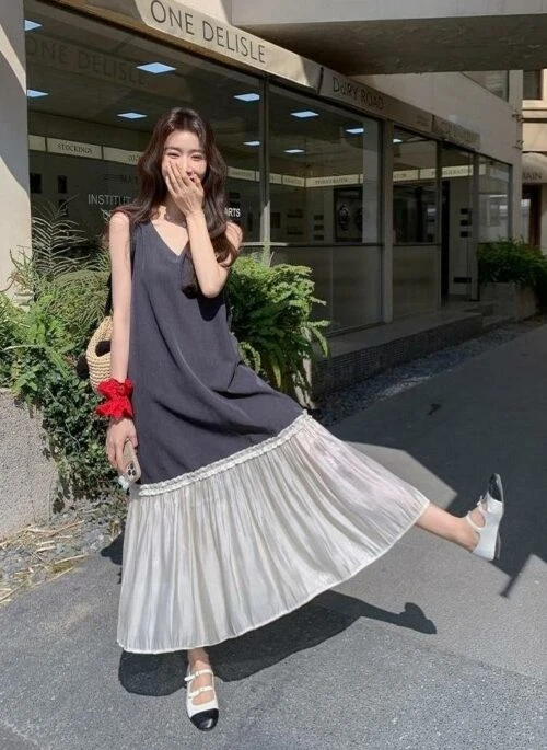 Color Block Vneck Sleeveless Loose Dress