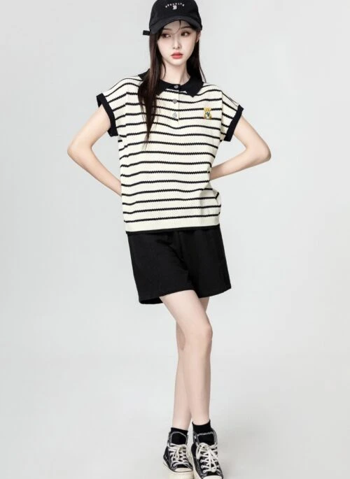 Colorful Striped Cartoon Embroidered Polo Shirt
