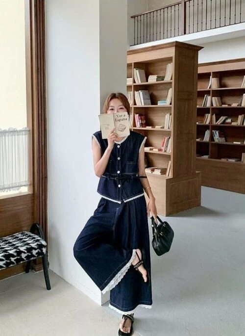 Denim Vest And Lace Trim Wide Leg Pants Set