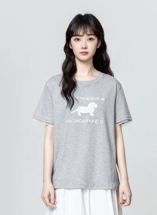 Gray Cartoon Lace Patchwork Loose Short Sleeve Top