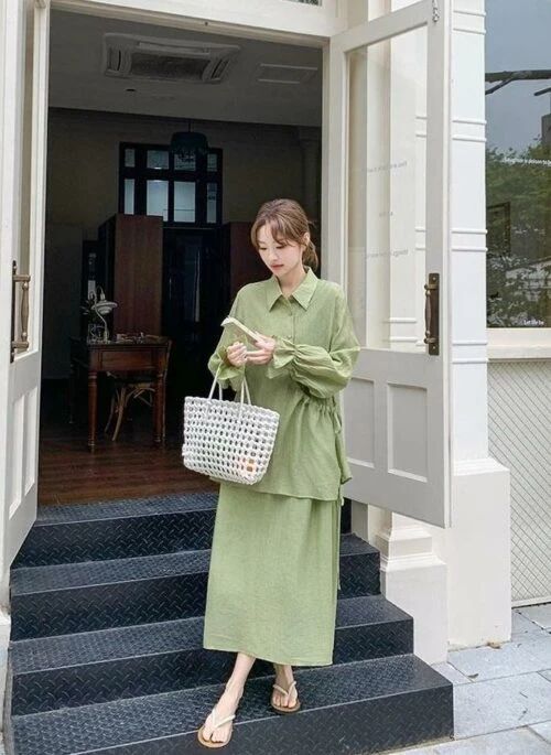 Green Sun Protection Shirt And Dress Set