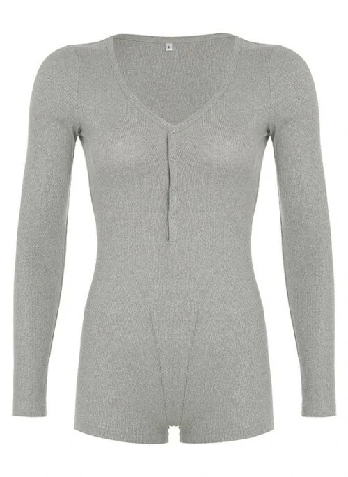 Grey Half-Button Long Sleeve Bodysuit | Somi