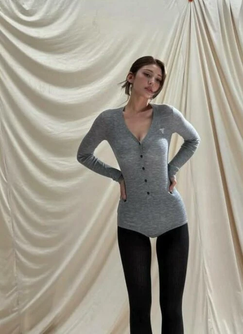 Grey Half-Button Long Sleeve Bodysuit | Somi