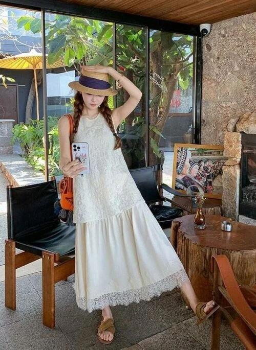 Ivory Lace Trim Sleeveless Summer Dress