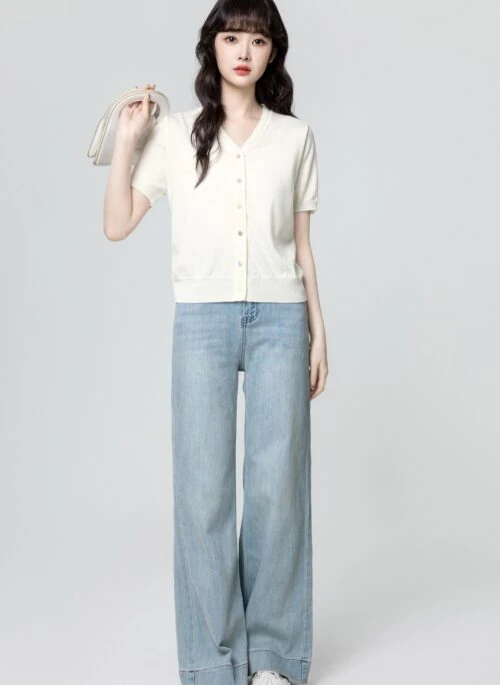 Ivory Vneck Knit Cardigan Short Sleeve Top