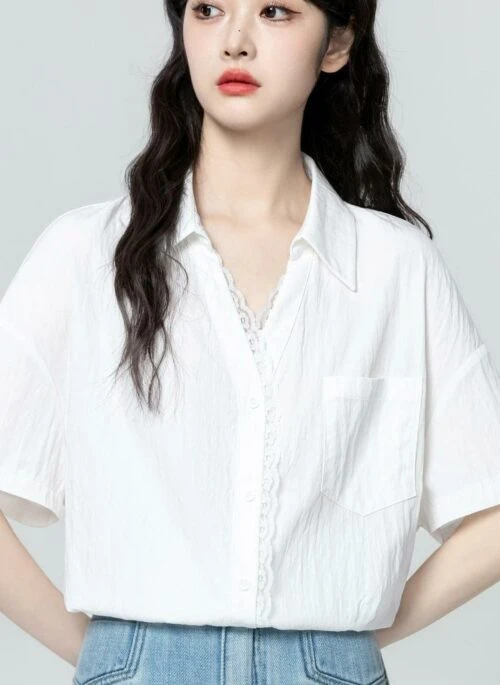 Lace Patchwork White V Neck Short Sleeve Shirt