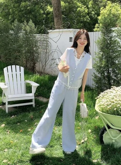 Light Blue Lace Trim Vest T Shirt Outfit Set