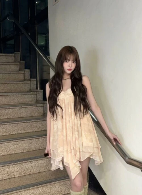 Light Orange Irregular Hem Layered Dress | Eunchae – Le Sserafim