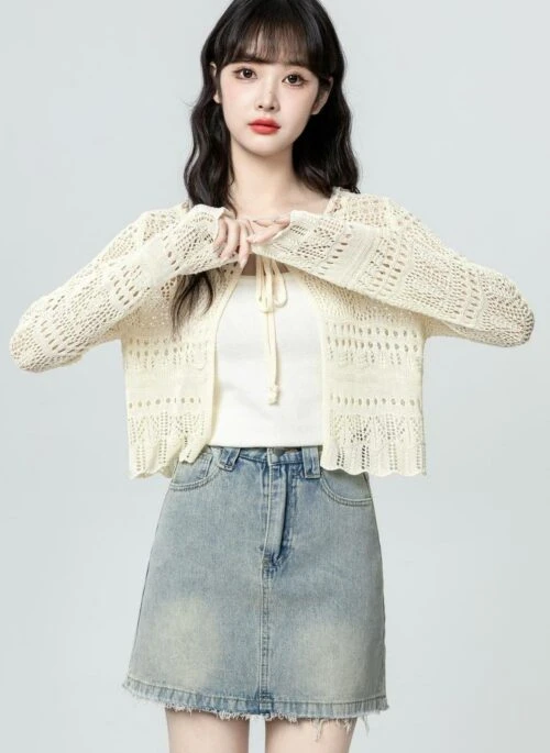 Lightweight Knit Cardigan With Hollow Out Design