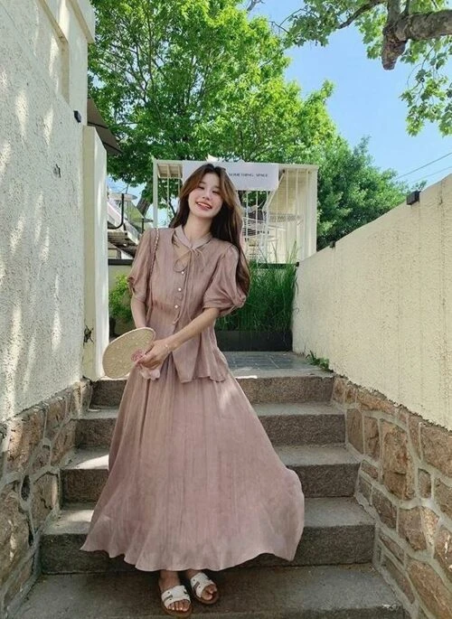 Lilac Puff Sleeve Skirt Set
