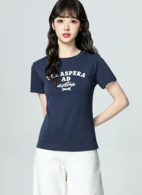 Navy Crew Neck Short Sleeve Letter Print Tee