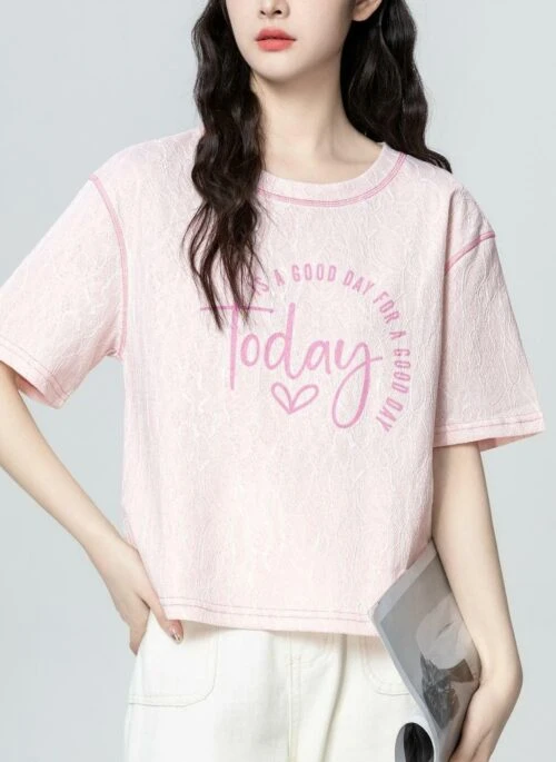 Pink Crewneck Short Sleeve Letter Print Loose Top