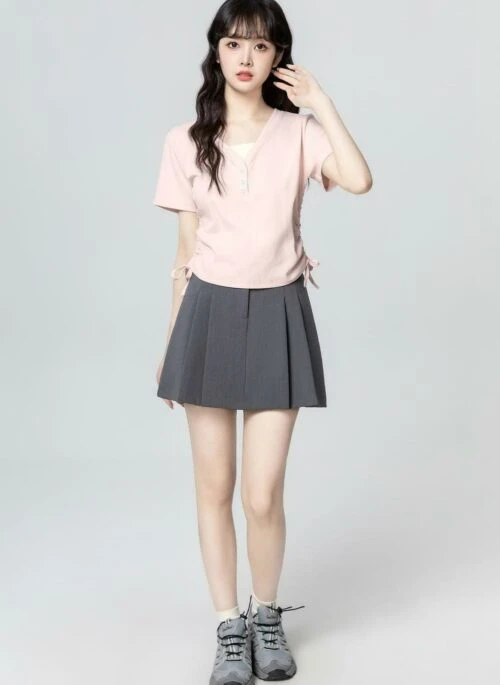 Pink Vneck Drawstring Short Sleeve Top