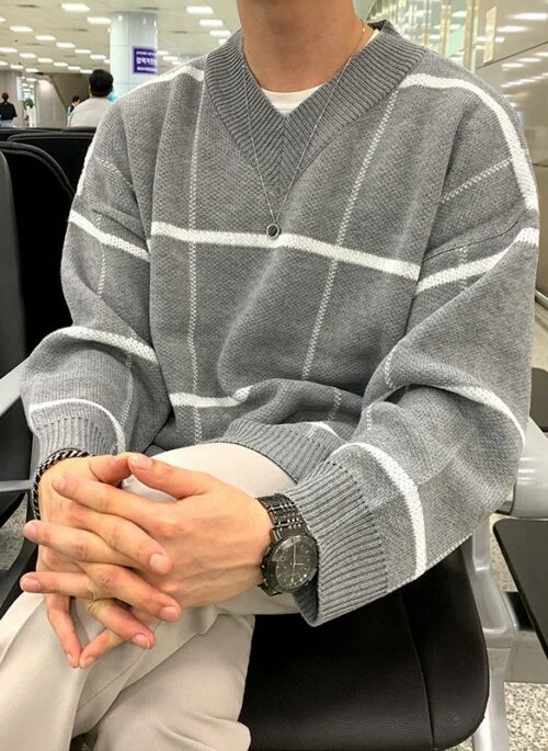 Plaid Vneck Knitted Sweater Jacket
