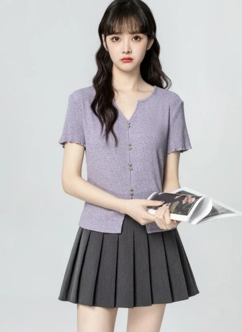 Purple Vneck Short Sleeve Irregular Top