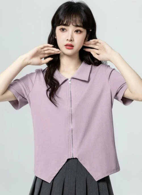 Purple Zip Short Sleeve Asymmetrical Top