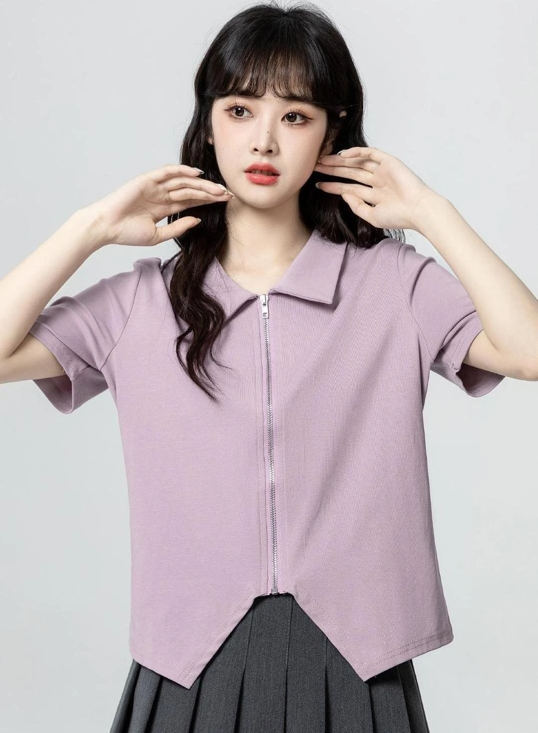 Purple Zip Short Sleeve Asymmetrical Top - Fashion Chingu Purple Zip Short Sleeve Asymmetrical Top - Fashion Chingu