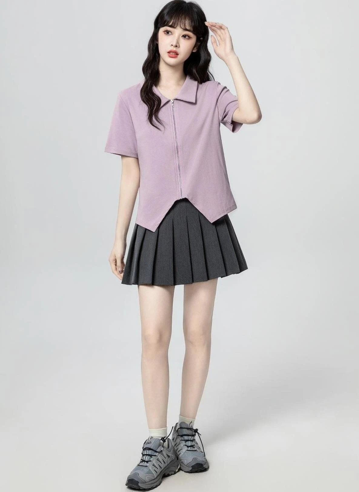 Purple Zip Short Sleeve Asymmetrical Top - Fashion Chingu Purple Zip Short Sleeve Asymmetrical Top - Fashion Chingu