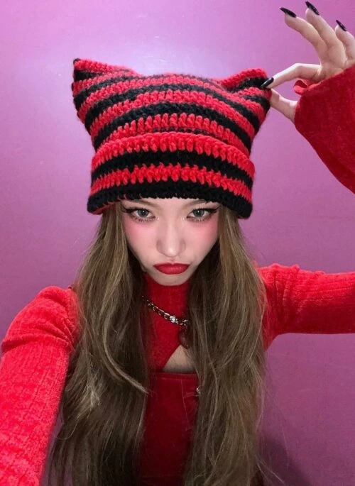Red And Black Cat Ears Knitted Hat | Chisa – XG