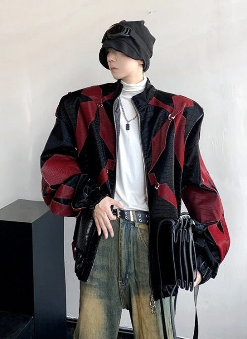 Red And Black Faux Leather Jacket With Red Petal Patches | Changbin – Stray Kids