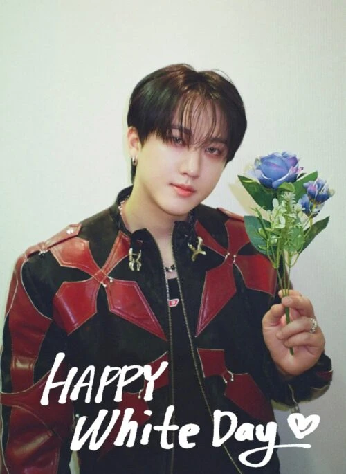 Red And Black Faux Leather Jacket With Red Petal Patches | Changbin – Stray Kids