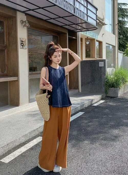 Retro Denim Sleeveless Top Casual Pants Set