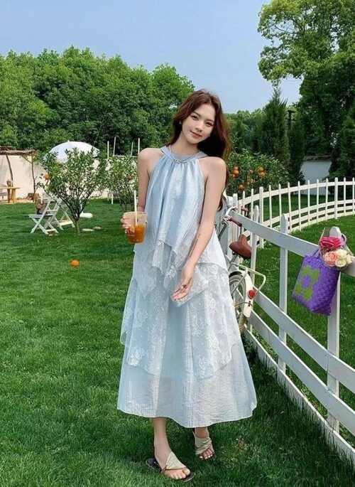 Romantic Blue Halter Mesh Layered Dress