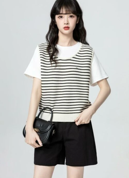 Striped Knit Short Sleeve Color Block Top
