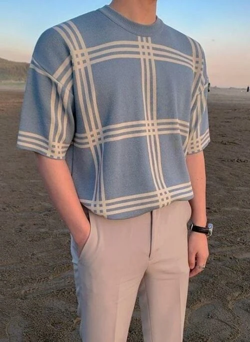 Summer Knit Loose Checkered Shirt