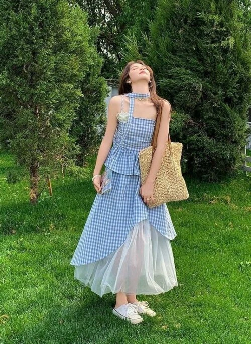 Summer Plaid Mesh Skirt Set