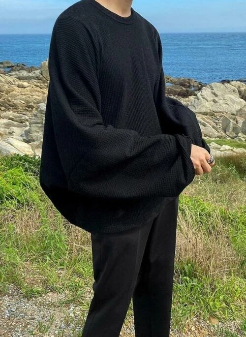 Waffle Knit Long Sleeve Crewneck Sweatshirt