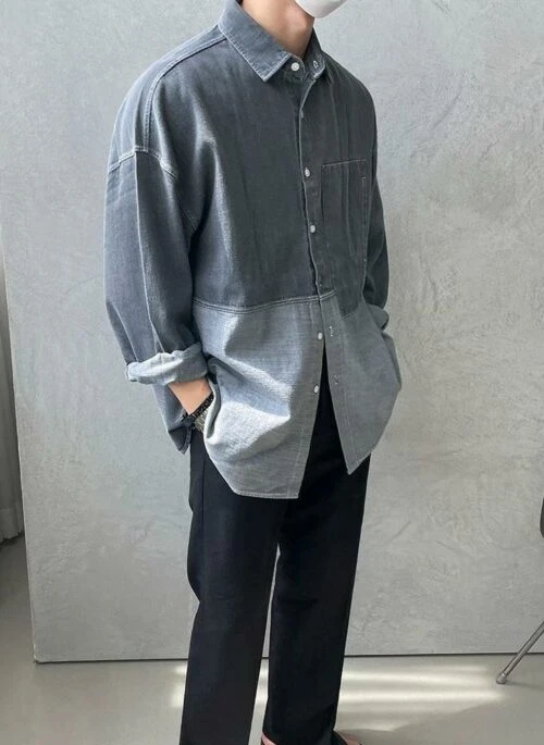 Washed Denim Patchwork Casual Shirt