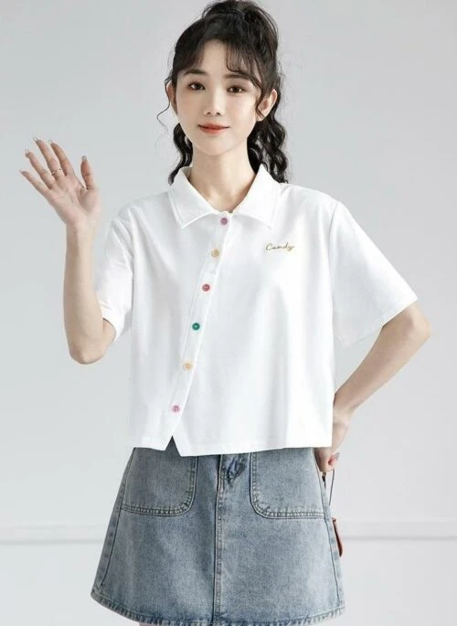 White Asymmetrical Short Sleeve Polo Shirt