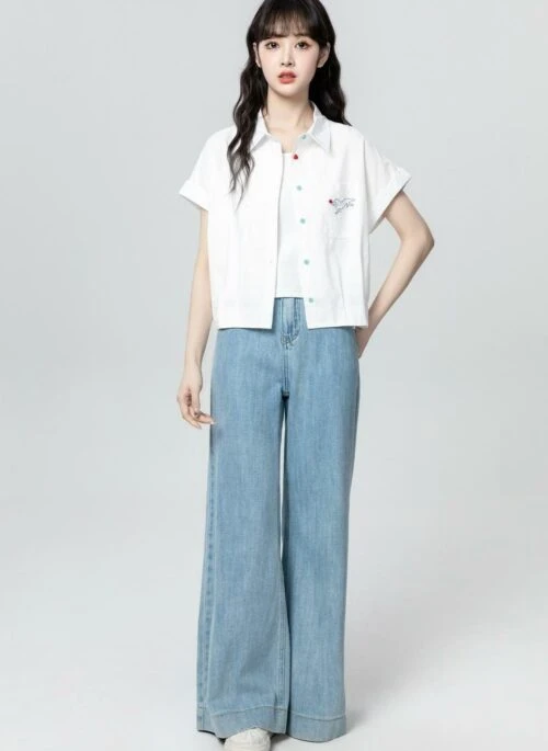 White Embroidered Polo Collar Short Sleeve Shirt