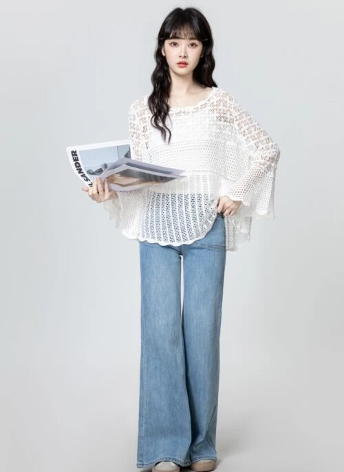 White Knit Hollow Sun Protection Top With Flared Sleeves