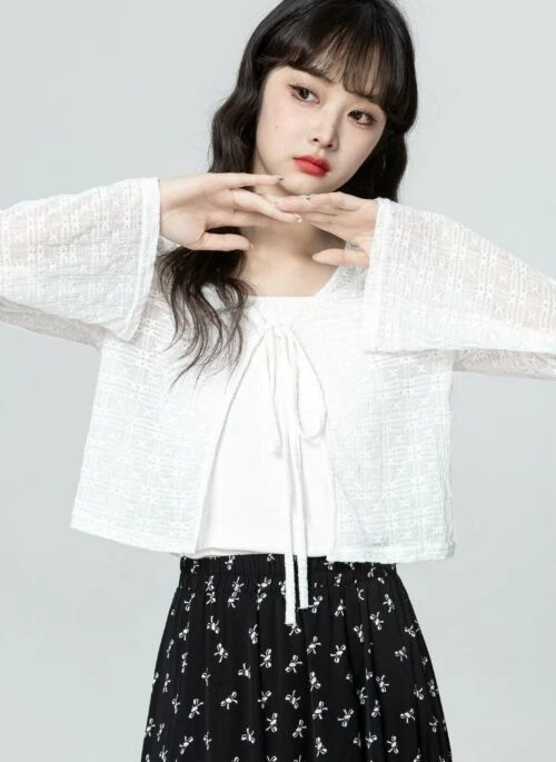 White Knit Sun Protection Cardigan With Tie And Camisole