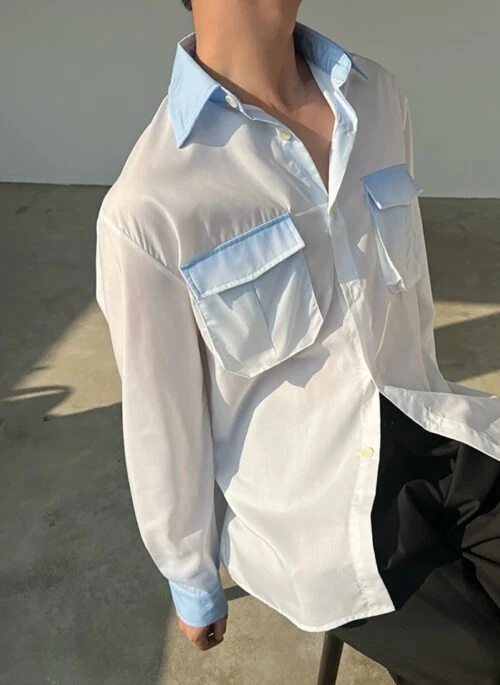 White Long Sleeves Shirt With Blue Ombre Details | Mark – NCT