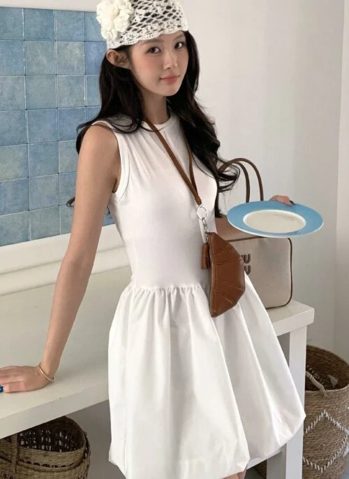 White Sleeveless Puff Dress